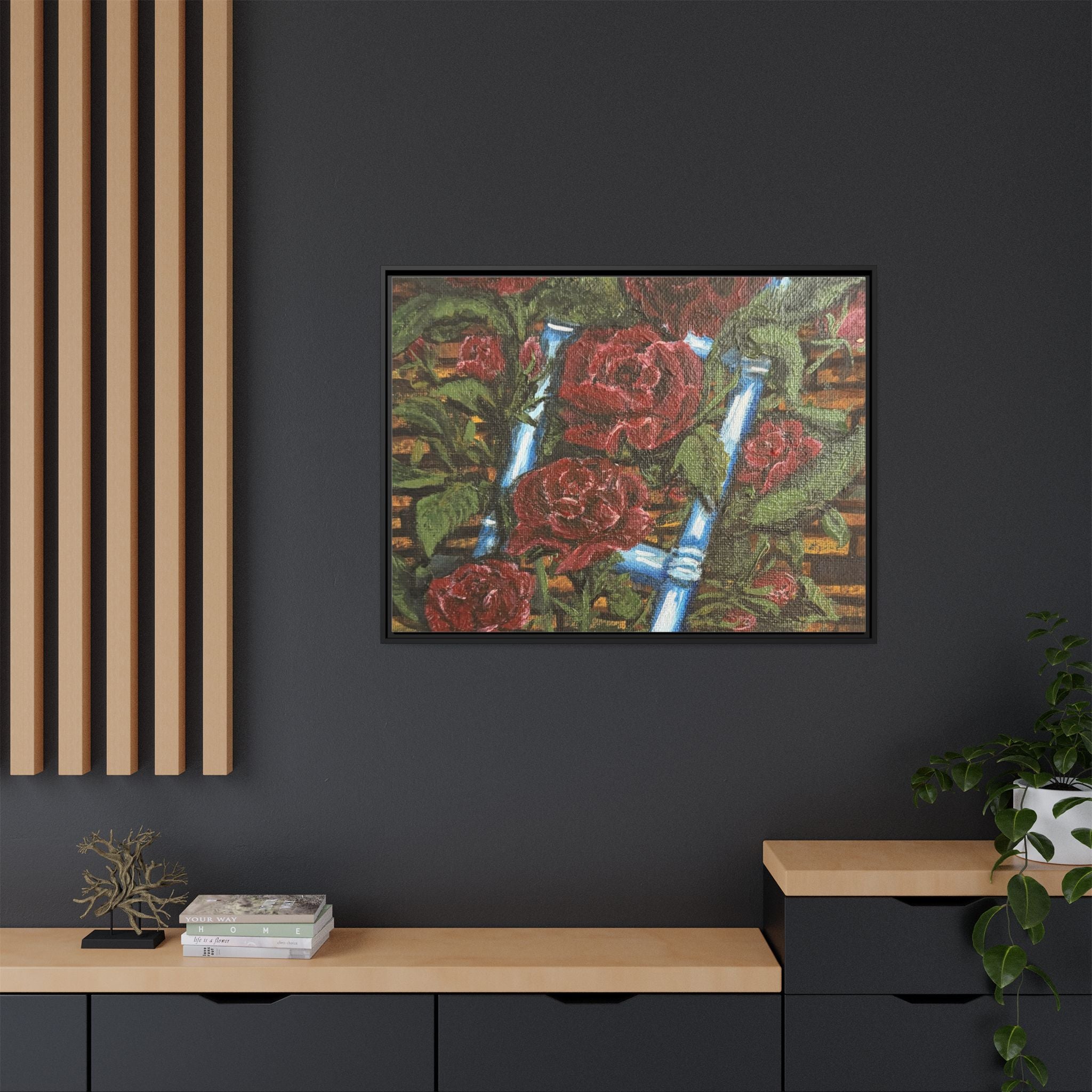 Framed Matte Canvas Art Print of Original Climbing Roses — Red Roses & Blue Ladder Floral Painting