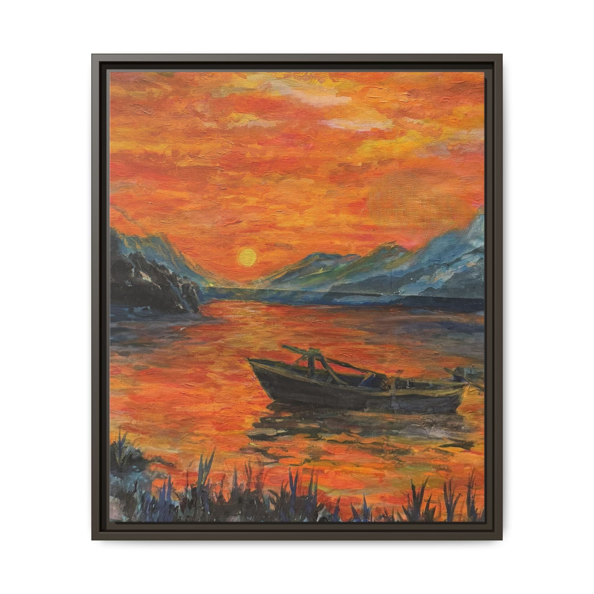 Boat on Sunset Lake Framed Canvas Print of Original — Orange Mountain Lake Wall Art