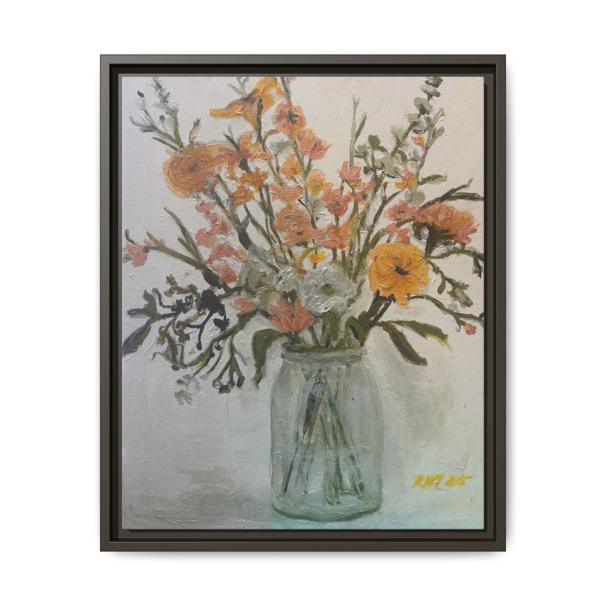 Framed Matte Canvas Art - Flower in Glass Jar Floral Painting Print of Original