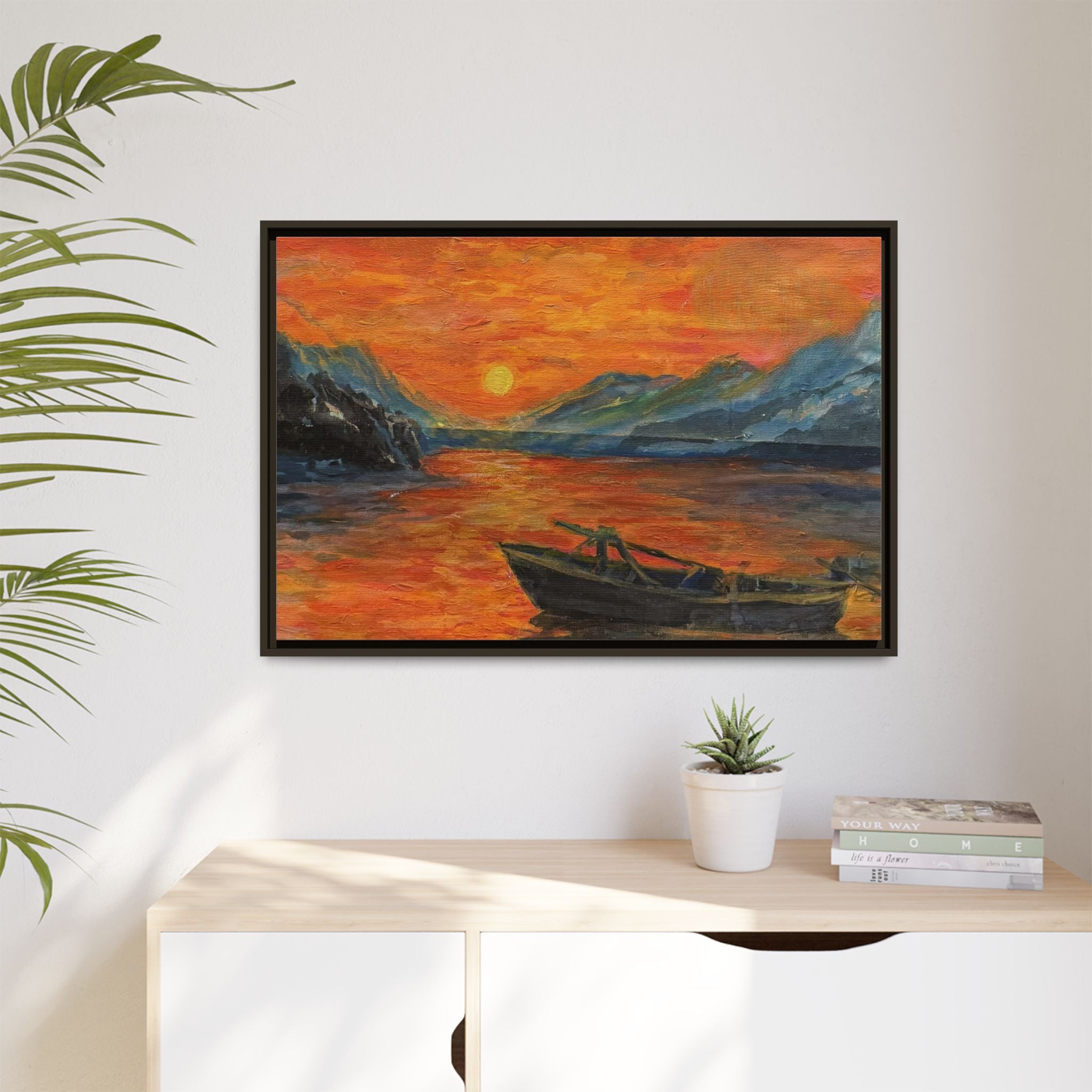Boat on Sunset Lake Framed Canvas Print of Original — Orange Mountain Lake Wall Art