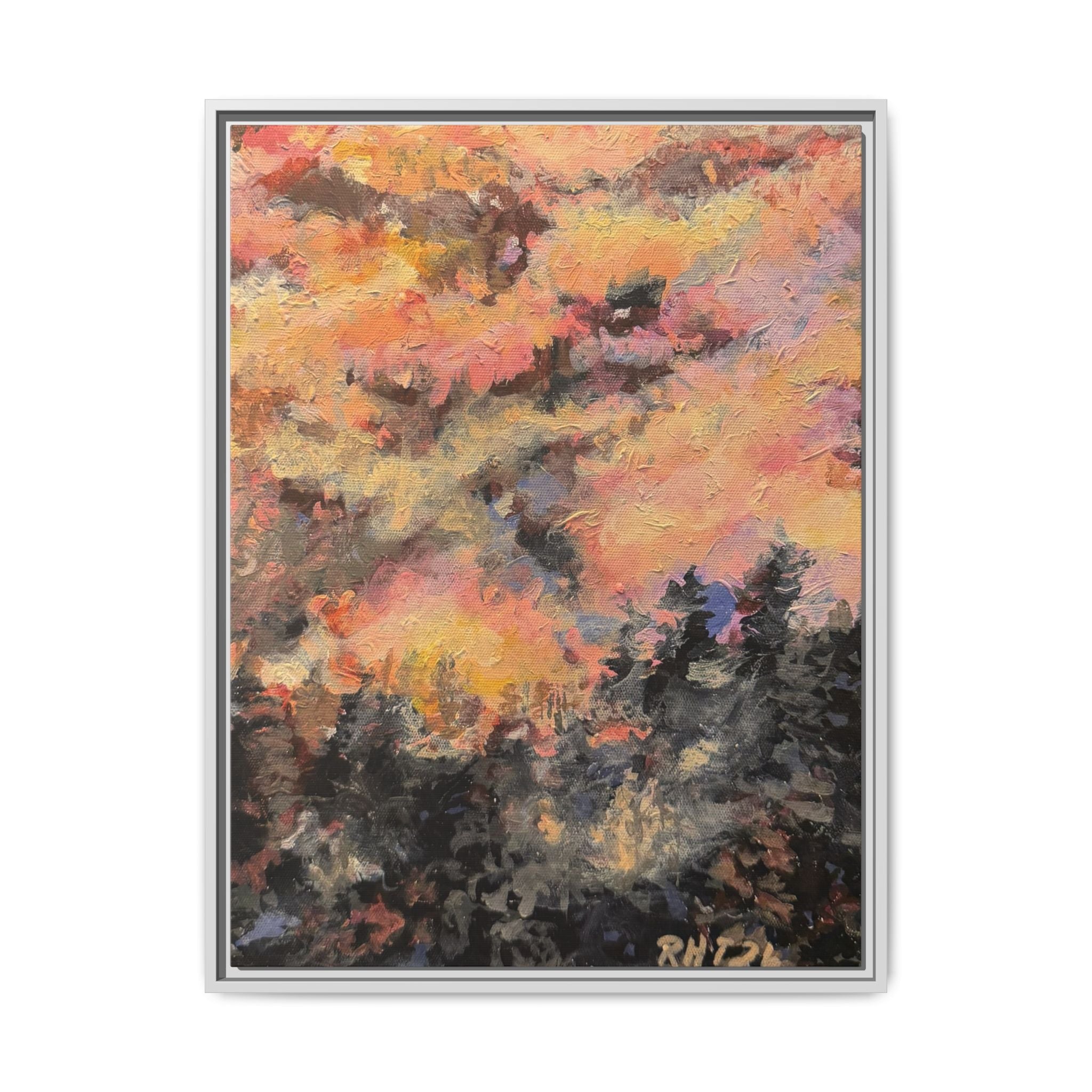 Framed Matte Canvas Art of Original Mistbow Mountain - Moody Sunset Forest Abstract