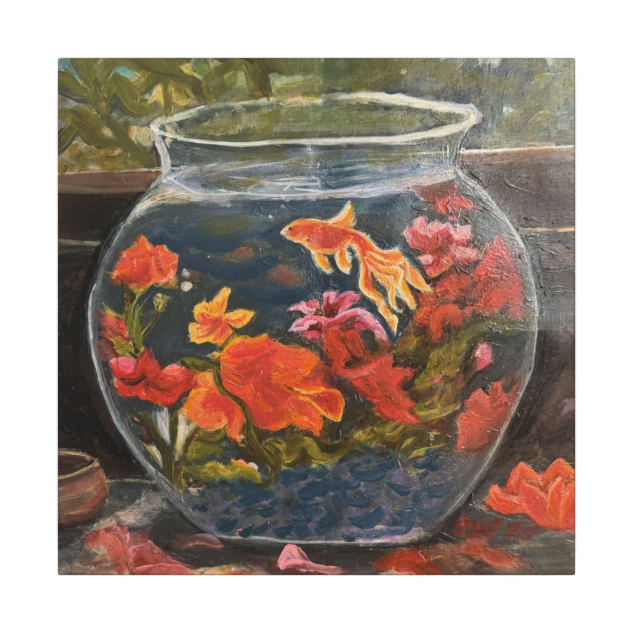 Goldfish Bowl Canvas Wall Art — Colorful Floral Aquarium Painting