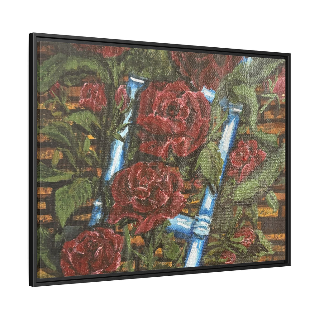 Framed Matte Canvas Art Print of Original Climbing Roses — Red Roses & Blue Ladder Floral Painting