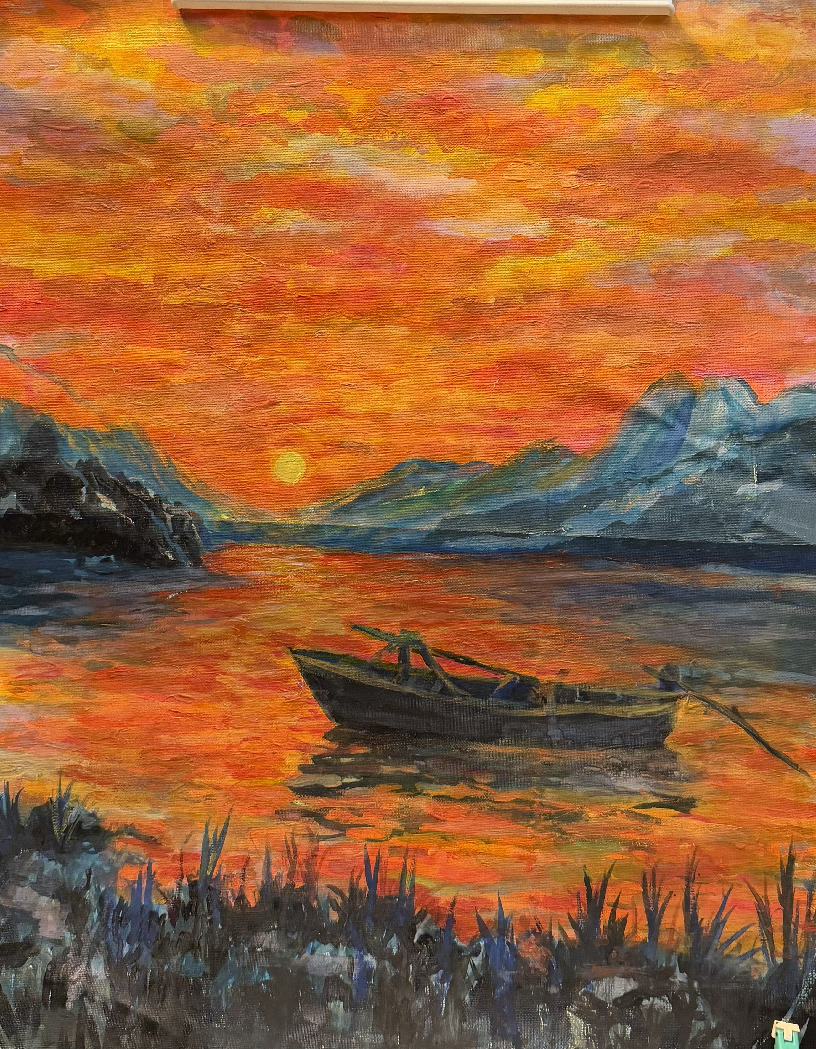 Boat on Sunset Lake – 16" x 20" Original Acrylic Painting
