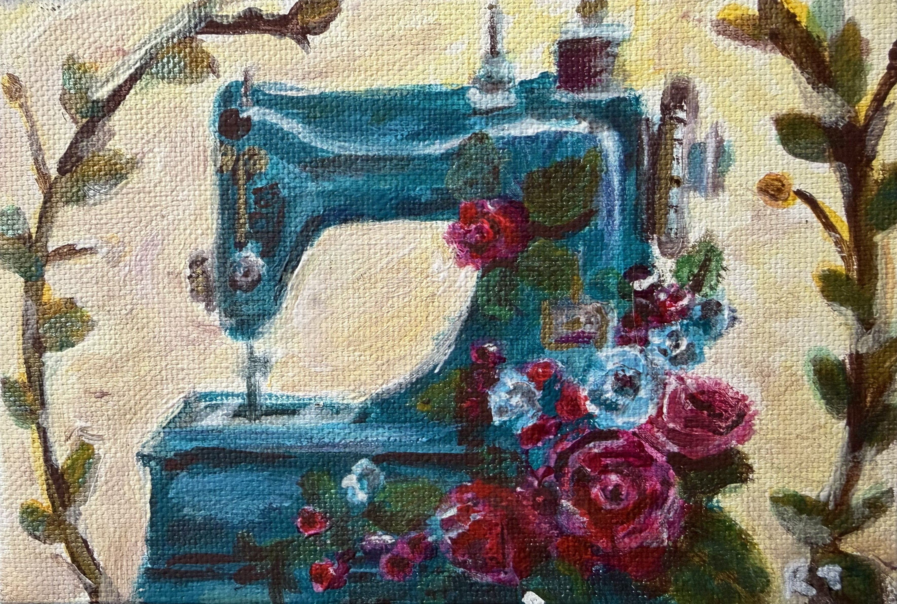 Grandma's Sewing Machine – Original Miniature Acrylic Painting (4" x 6")