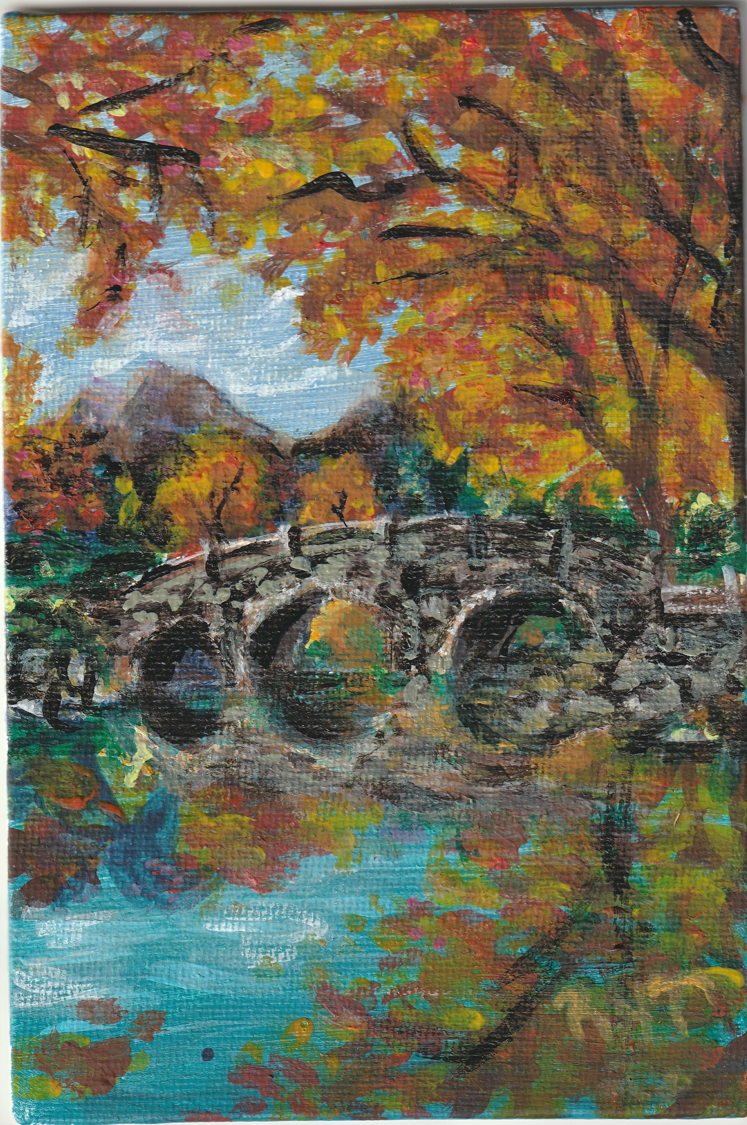 Autumn Bridge 2026 4x6 Acrylic Painting-Original